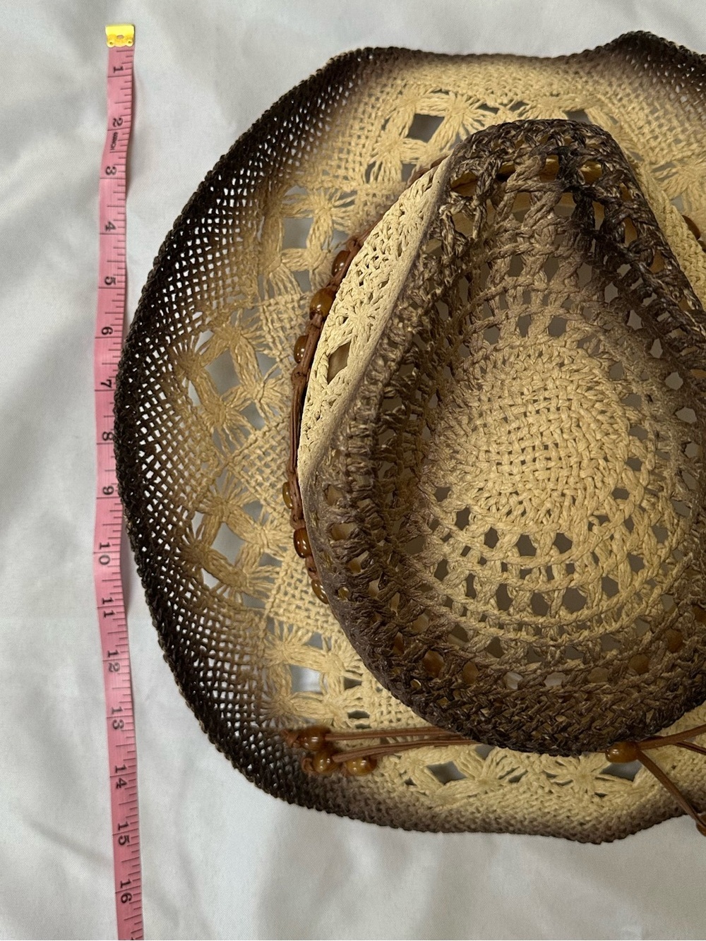 Woven Straw Western Cowboy Hat with Beaded Leather Band - Brown Ombre - Picture 4 of 12